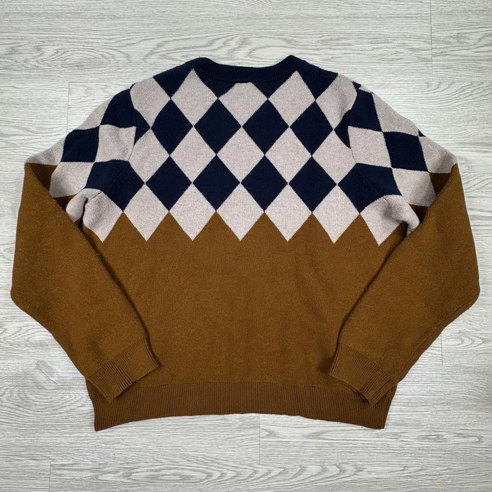 Kule Mens Sweater Argyle Crewneck Brown Navy Blue‎ Medium Wool Cashmere Blend